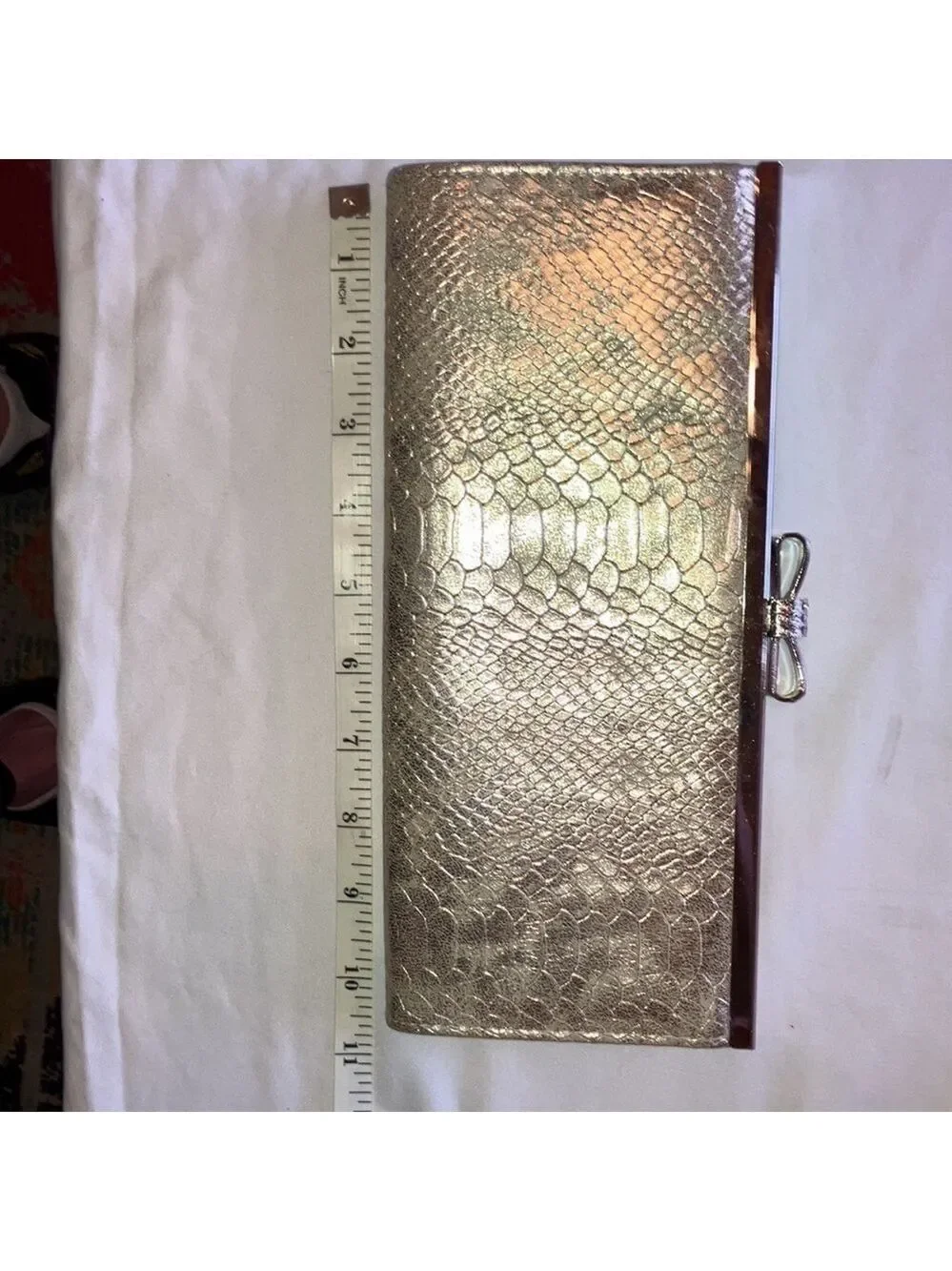 🔥NEW🔥 INC Metalic Gold/Solver Snakeskin Leather Clutch w/Crystal Bow Clasp